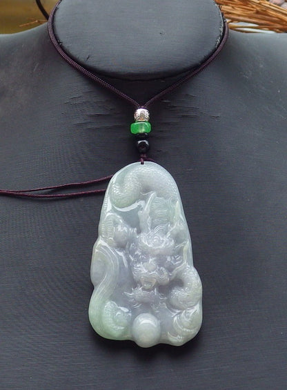 Certified Hand Carved Lavender Green Natural Myanmar Burma Grade A Jade jadeite Dragon Pendant Necklace