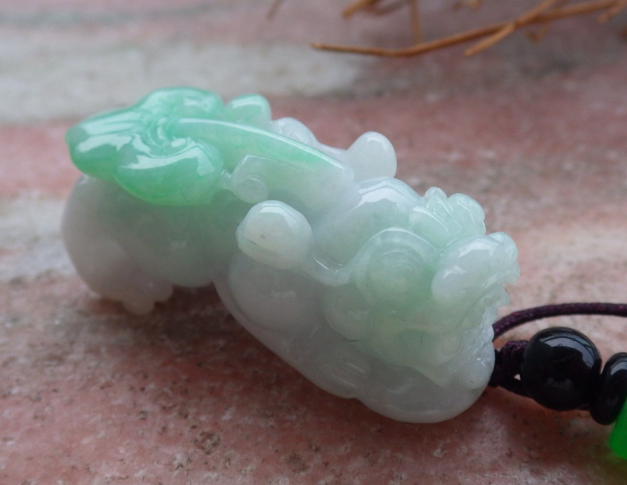 Certified Hand Carved Natural Green Myanmar Burma A Jade jadeite Dragon Pi Xiu Ruyi Pendant Necklace