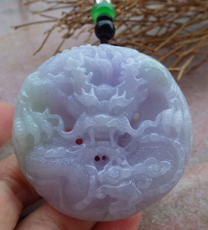 Certified Hand Carved Two Side Lavender Natural Myanmar Burma A Jade Jadeite Zodiac Dragon Phoenix Pendant Necklace