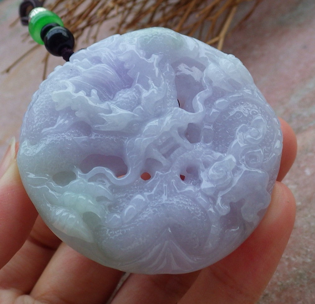 Certified Hand Carved Two Side Lavender Natural Myanmar Burma A Jade Jadeite Zodiac Dragon Phoenix Pendant Necklace