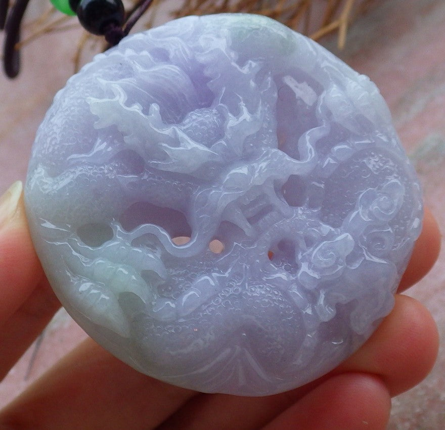 Certified Hand Carved Two Side Lavender Natural Myanmar Burma A Jade Jadeite Zodiac Dragon Phoenix Pendant Necklace