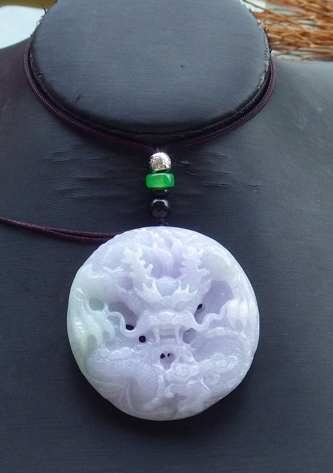 Certified Hand Carved Two Side Lavender Natural Myanmar Burma A Jade Jadeite Zodiac Dragon Phoenix Pendant Necklace