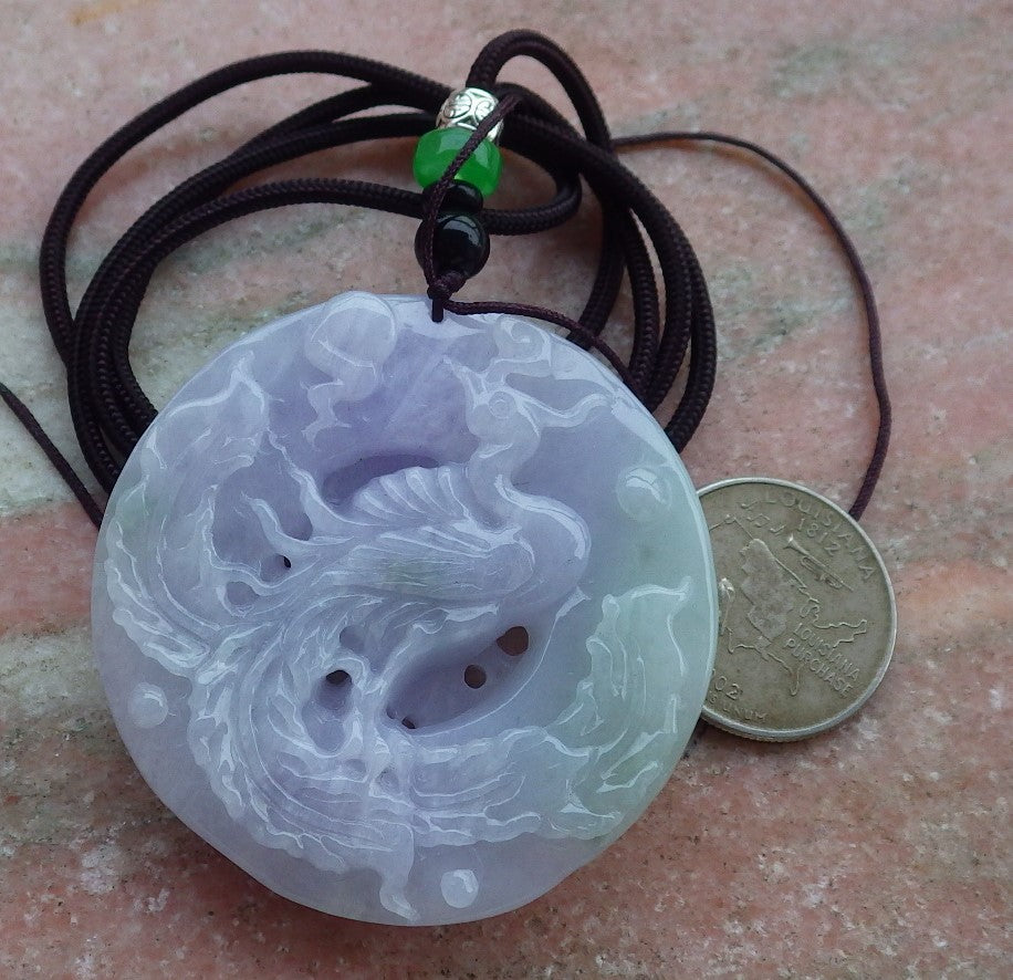 Certified Hand Carved Two Side Lavender Natural Myanmar Burma A Jade Jadeite Zodiac Dragon Phoenix Pendant Necklace