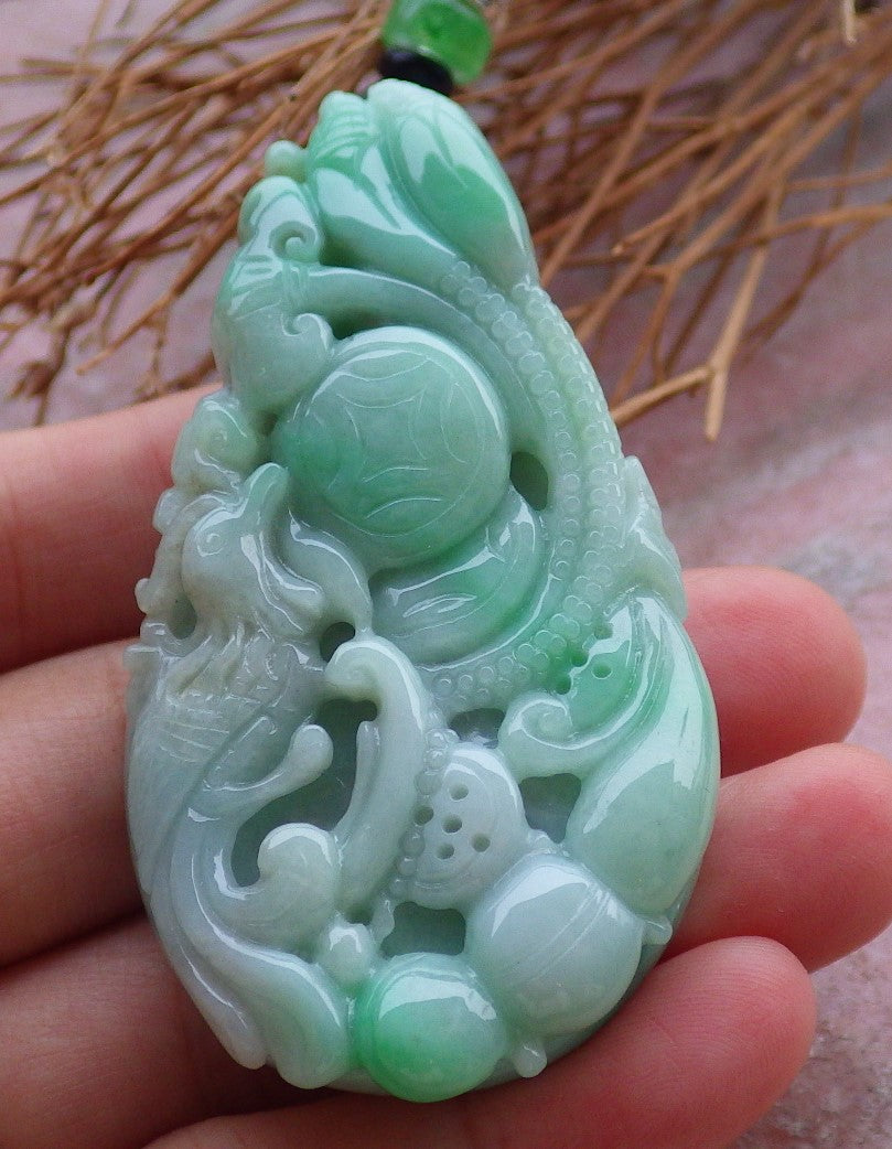 Certified Hand Carved Green Natural Myanmar Burma Grade A Jade jadeite Phoenix Lotus Pendant Necklace