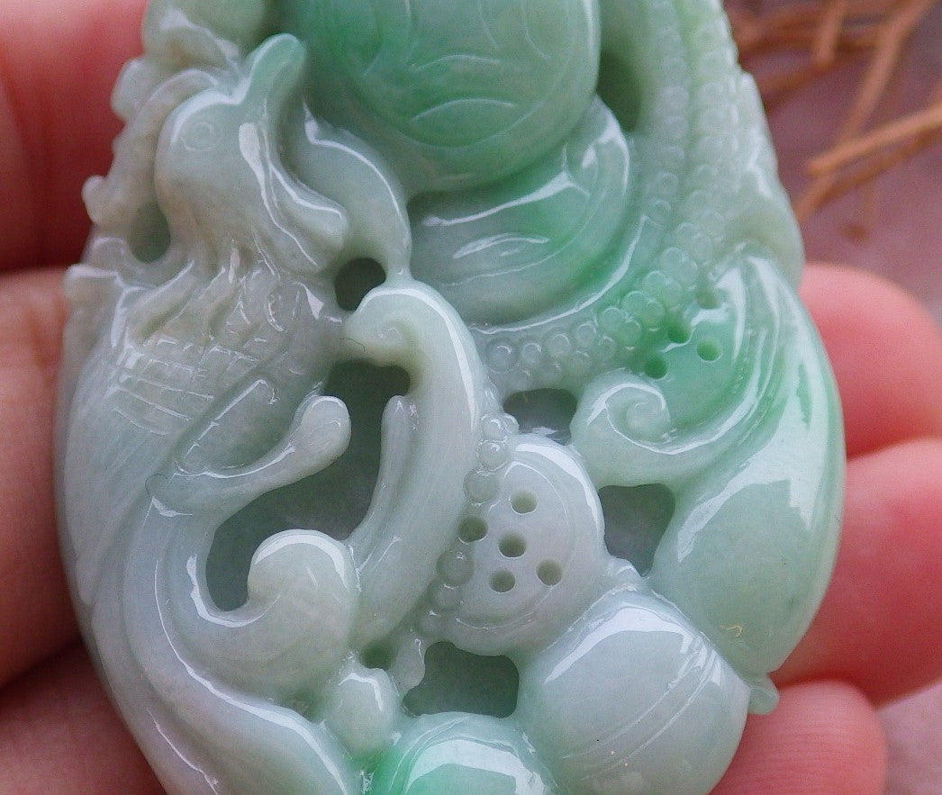 Certified Hand Carved Green Natural Myanmar Burma Grade A Jade jadeite Phoenix Lotus Pendant Necklace