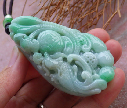 Certified Hand Carved Green Natural Myanmar Burma Grade A Jade jadeite Phoenix Lotus Pendant Necklace