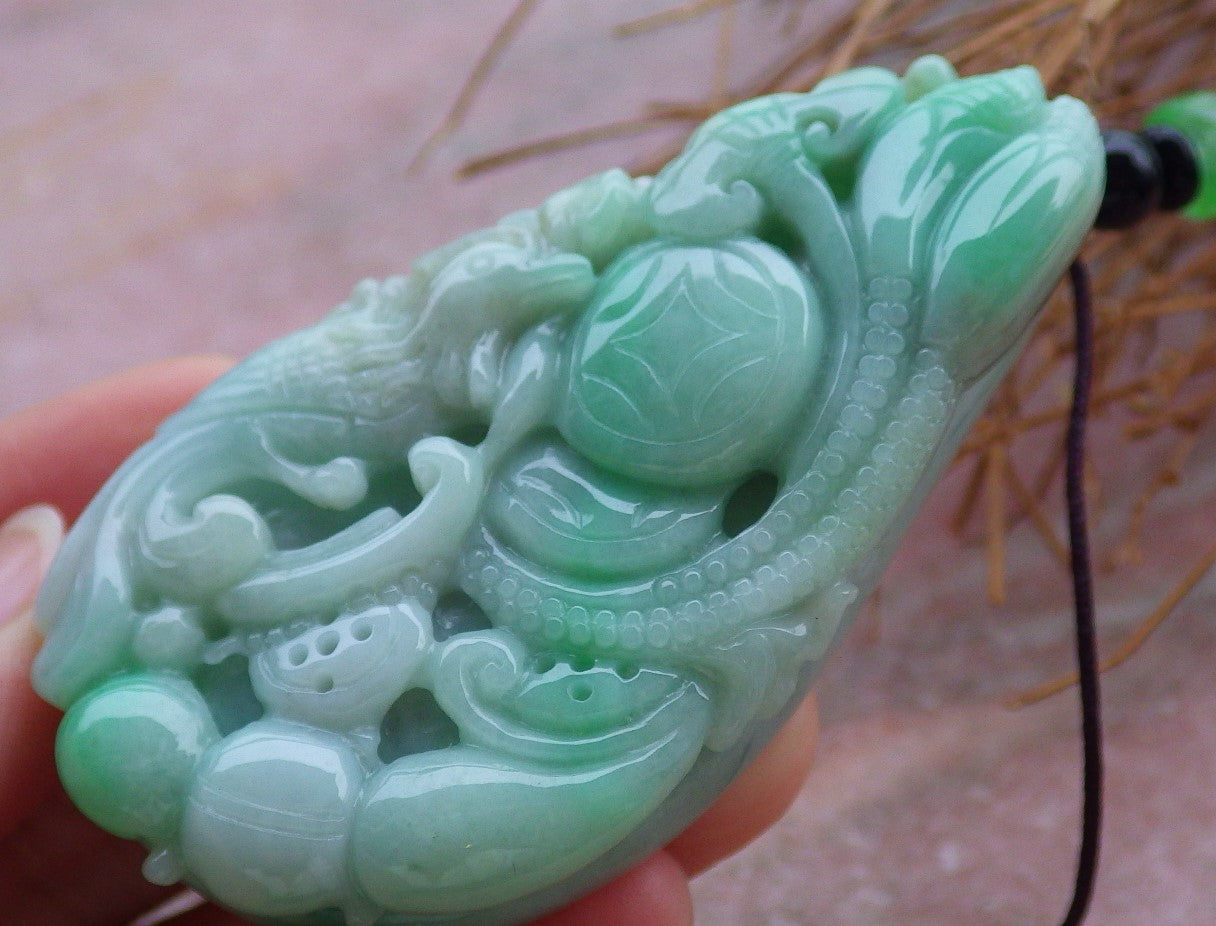 Certified Hand Carved Green Natural Myanmar Burma Grade A Jade jadeite Phoenix Lotus Pendant Necklace