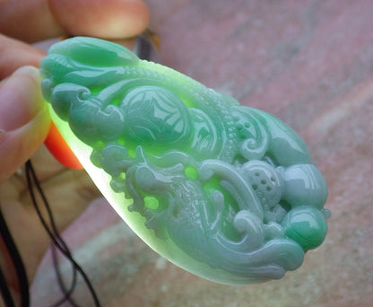 Certified Hand Carved Green Natural Myanmar Burma Grade A Jade jadeite Phoenix Lotus Pendant Necklace