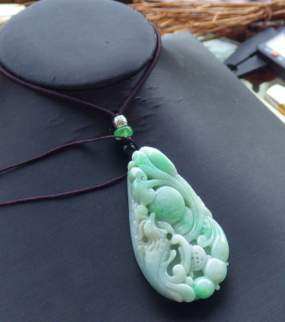 Certified Hand Carved Green Natural Myanmar Burma Grade A Jade jadeite Phoenix Lotus Pendant Necklace