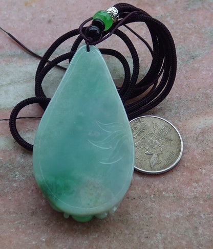 Certified Hand Carved Green Natural Myanmar Burma Grade A Jade jadeite Phoenix Lotus Pendant Necklace