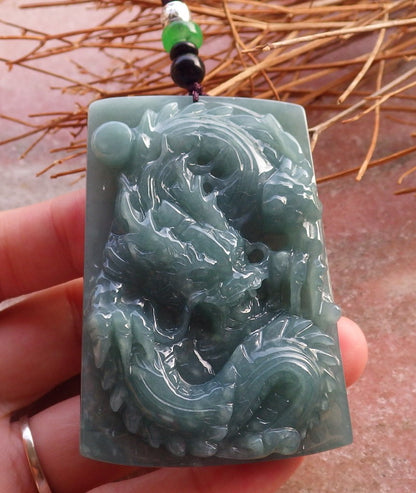 Certified Hand Carved Green Natural Myanmar Burma A Jade jadeite Dragon Bead Pendant Necklace