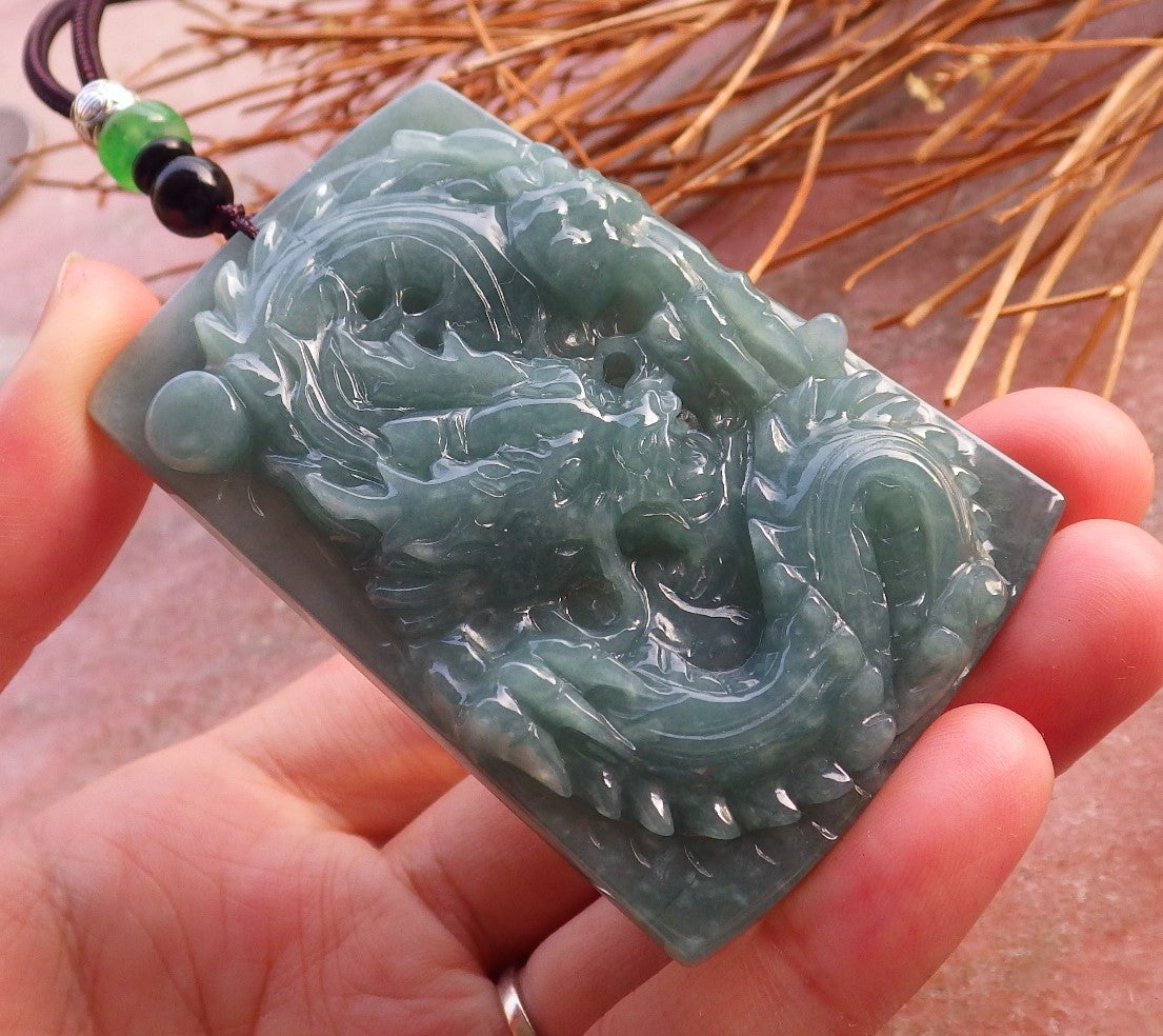 Certified Hand Carved Green Natural Myanmar Burma A Jade jadeite Dragon Bead Pendant Necklace