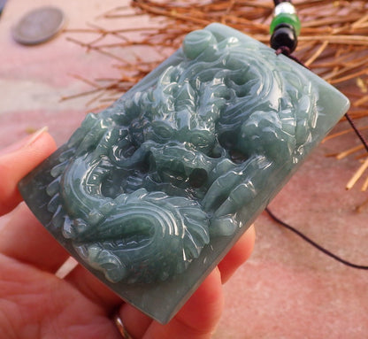 Certified Hand Carved Green Natural Myanmar Burma A Jade jadeite Dragon Bead Pendant Necklace