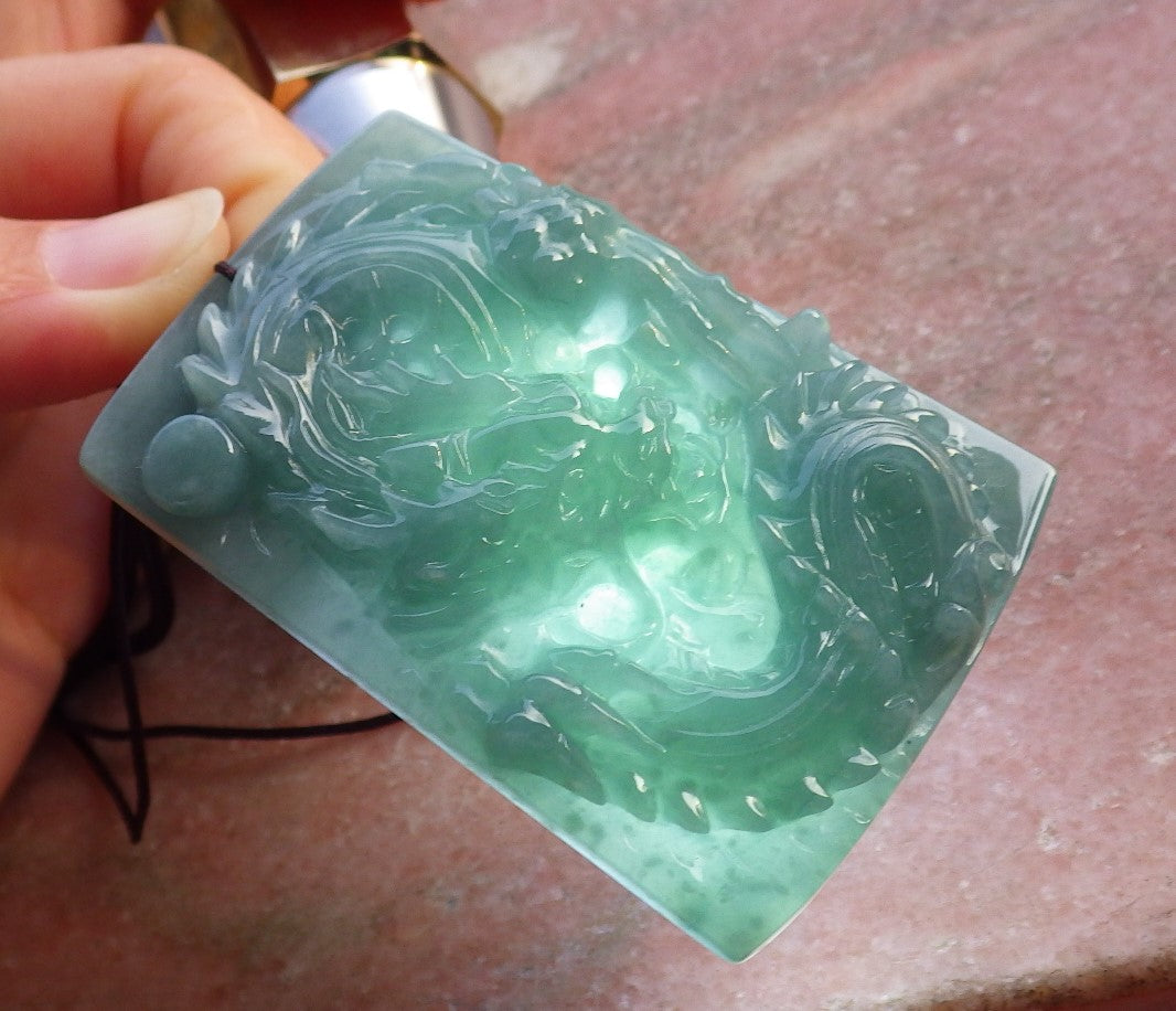 Certified Hand Carved Green Natural Myanmar Burma A Jade jadeite Dragon Bead Pendant Necklace