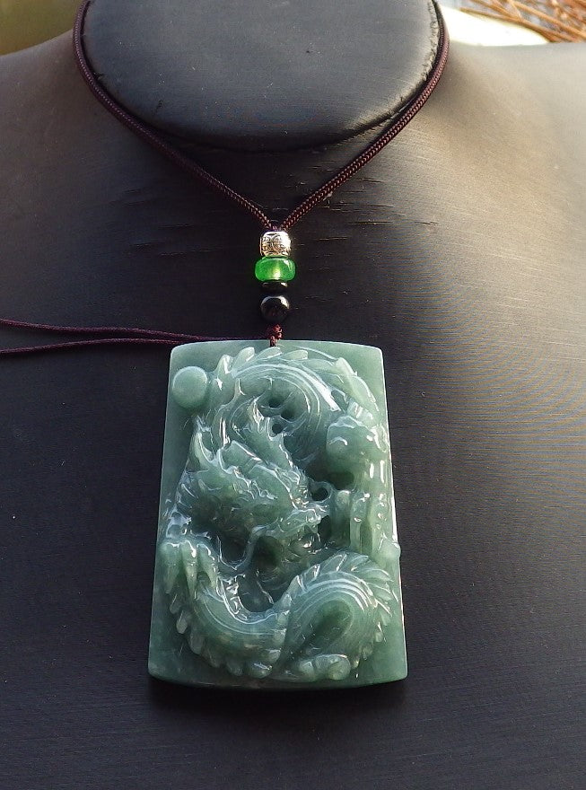 Certified Hand Carved Green Natural Myanmar Burma A Jade jadeite Dragon Bead Pendant Necklace