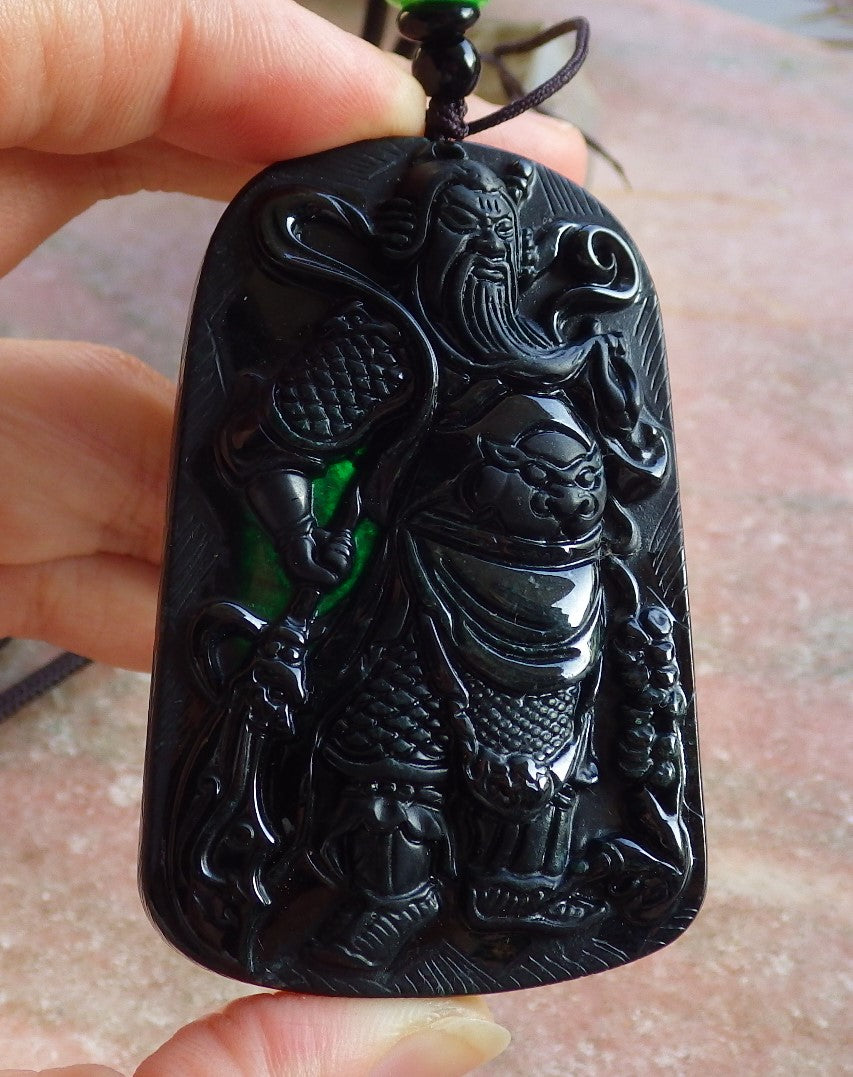 Certified Hand Carved Black Dark Green Natural Myanmar Burma A Jade jadeite Fight God Guan Gong God Guangyu Broadword Pendant Necklace