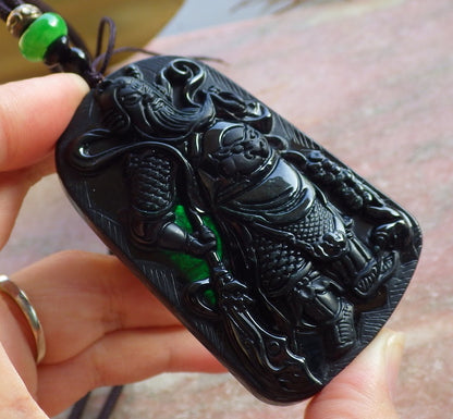 Certified Hand Carved Black Dark Green Natural Myanmar Burma A Jade jadeite Fight God Guan Gong God Guangyu Broadword Pendant Necklace