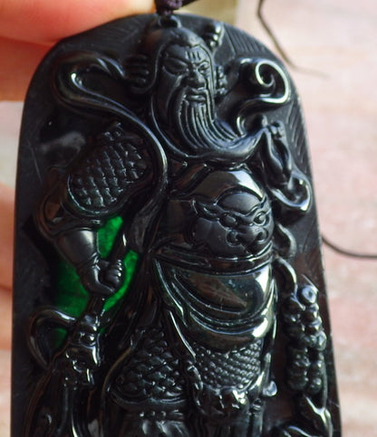 Certified Hand Carved Black Dark Green Natural Myanmar Burma A Jade jadeite Fight God Guan Gong God Guangyu Broadword Pendant Necklace