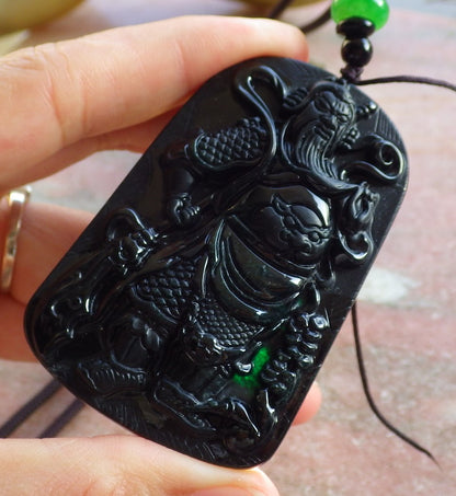 Certified Hand Carved Black Dark Green Natural Myanmar Burma A Jade jadeite Fight God Guan Gong God Guangyu Broadword Pendant Necklace