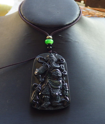 Certified Hand Carved Black Dark Green Natural Myanmar Burma A Jade jadeite Fight God Guan Gong God Guangyu Broadword Pendant Necklace