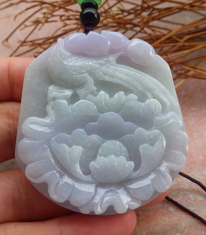 Certified Hand Carved Lavender Green Natural Myanmar Burma A Jade Jadeite Pendant Phoenix Flower Pendant Necklace