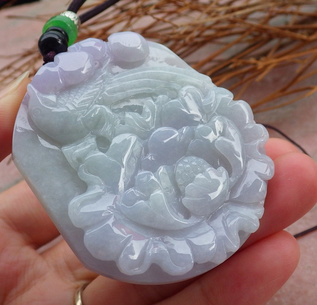 Certified Hand Carved Lavender Green Natural Myanmar Burma A Jade Jadeite Pendant Phoenix Flower Pendant Necklace