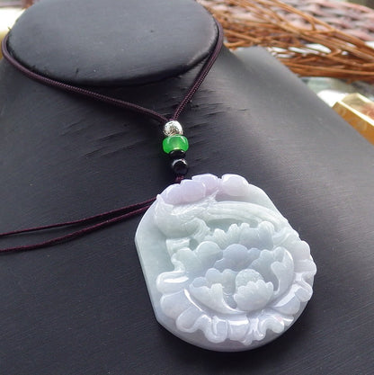 Certified Hand Carved Lavender Green Natural Myanmar Burma A Jade Jadeite Pendant Phoenix Flower Pendant Necklace