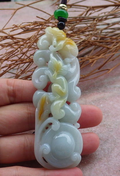 Certified Hand Carved Green Yellow Natural Myanmar Burma Grade A Jade Jadeite Fox Ruyi Pendant Necklace