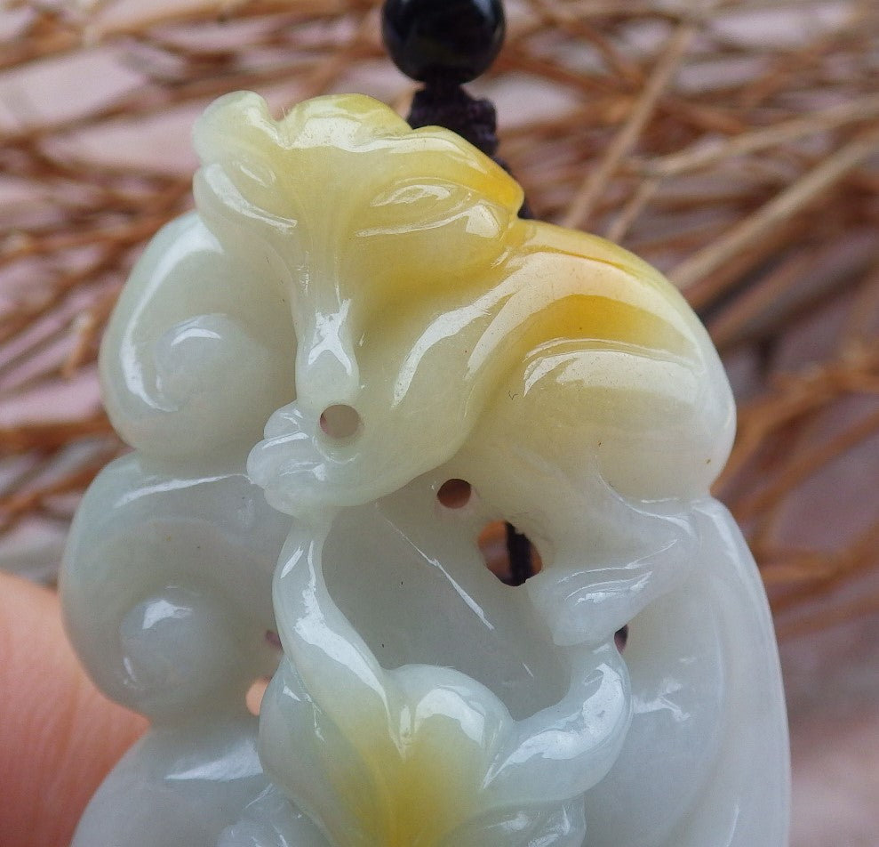 Certified Hand Carved Green Yellow Natural Myanmar Burma Grade A Jade Jadeite Fox Ruyi Pendant Necklace