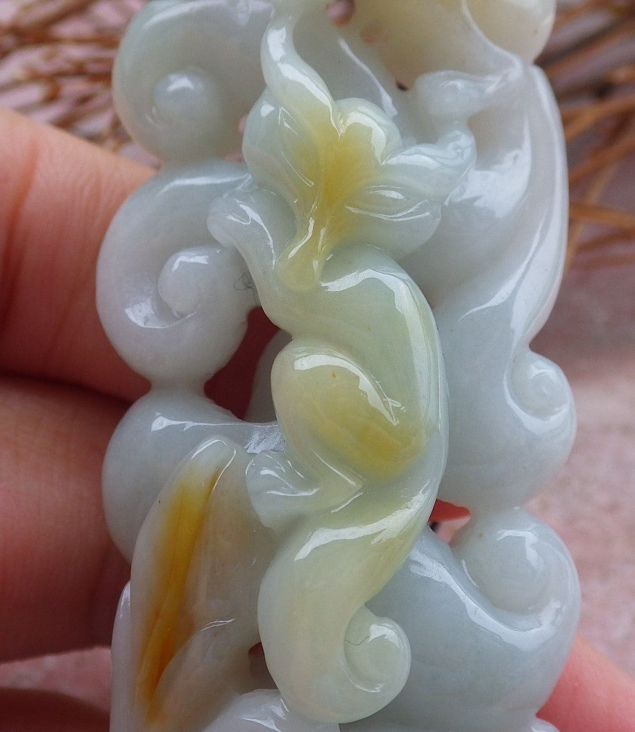 Certified Hand Carved Green Yellow Natural Myanmar Burma Grade A Jade Jadeite Fox Ruyi Pendant Necklace