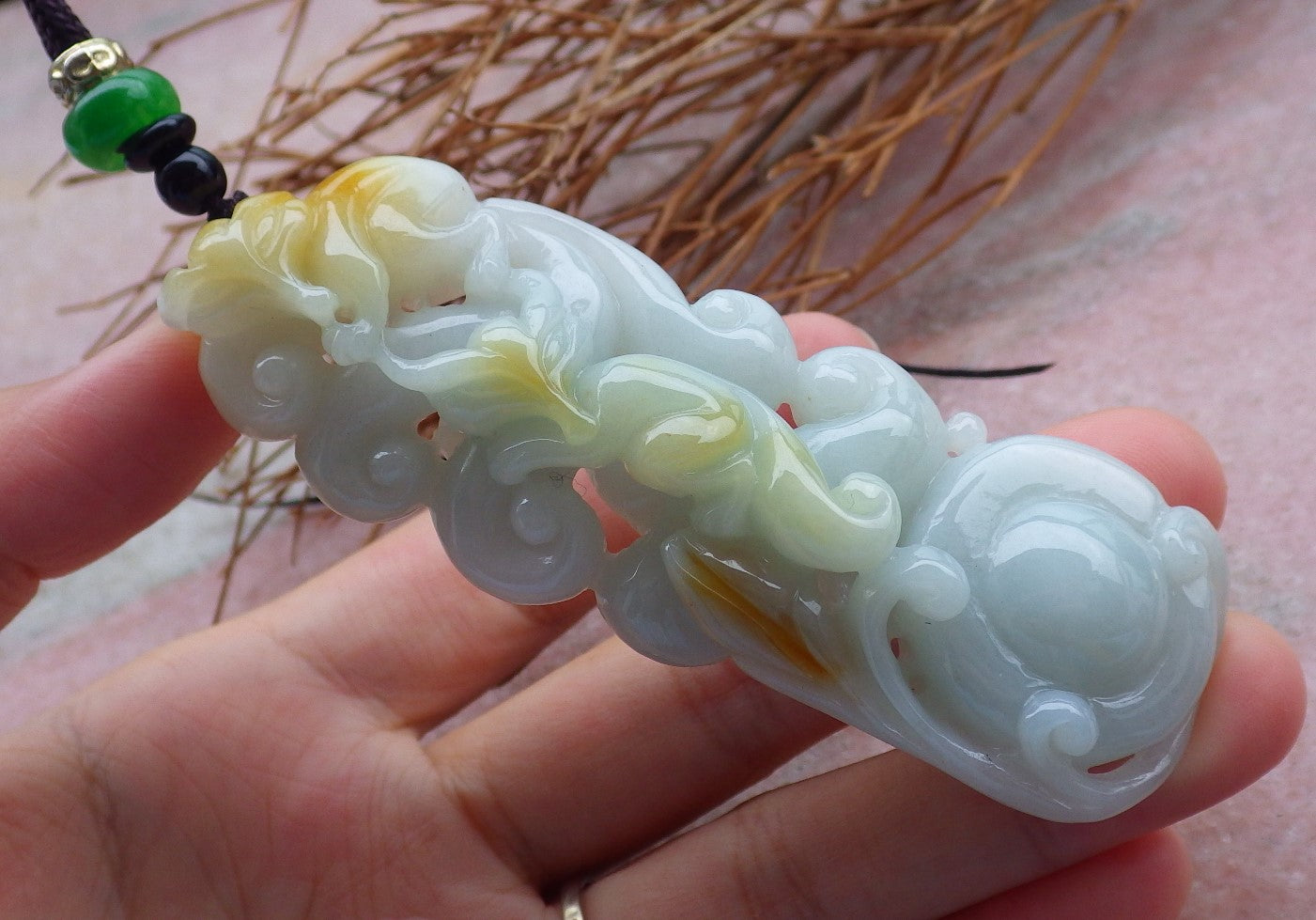 Certified Hand Carved Green Yellow Natural Myanmar Burma Grade A Jade Jadeite Fox Ruyi Pendant Necklace