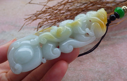 Certified Hand Carved Green Yellow Natural Myanmar Burma Grade A Jade Jadeite Fox Ruyi Pendant Necklace