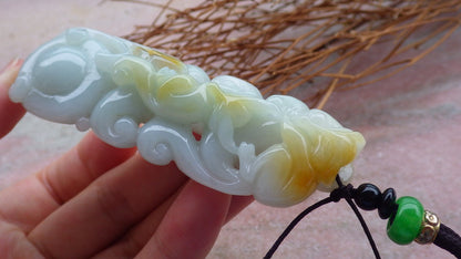 Certified Hand Carved Green Yellow Natural Myanmar Burma Grade A Jade Jadeite Fox Ruyi Pendant Necklace