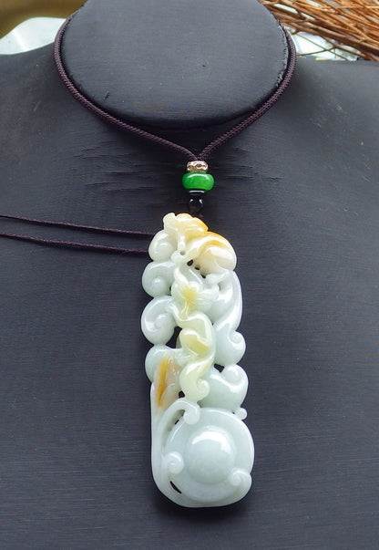 Certified Hand Carved Green Yellow Natural Myanmar Burma Grade A Jade Jadeite Fox Ruyi Pendant Necklace