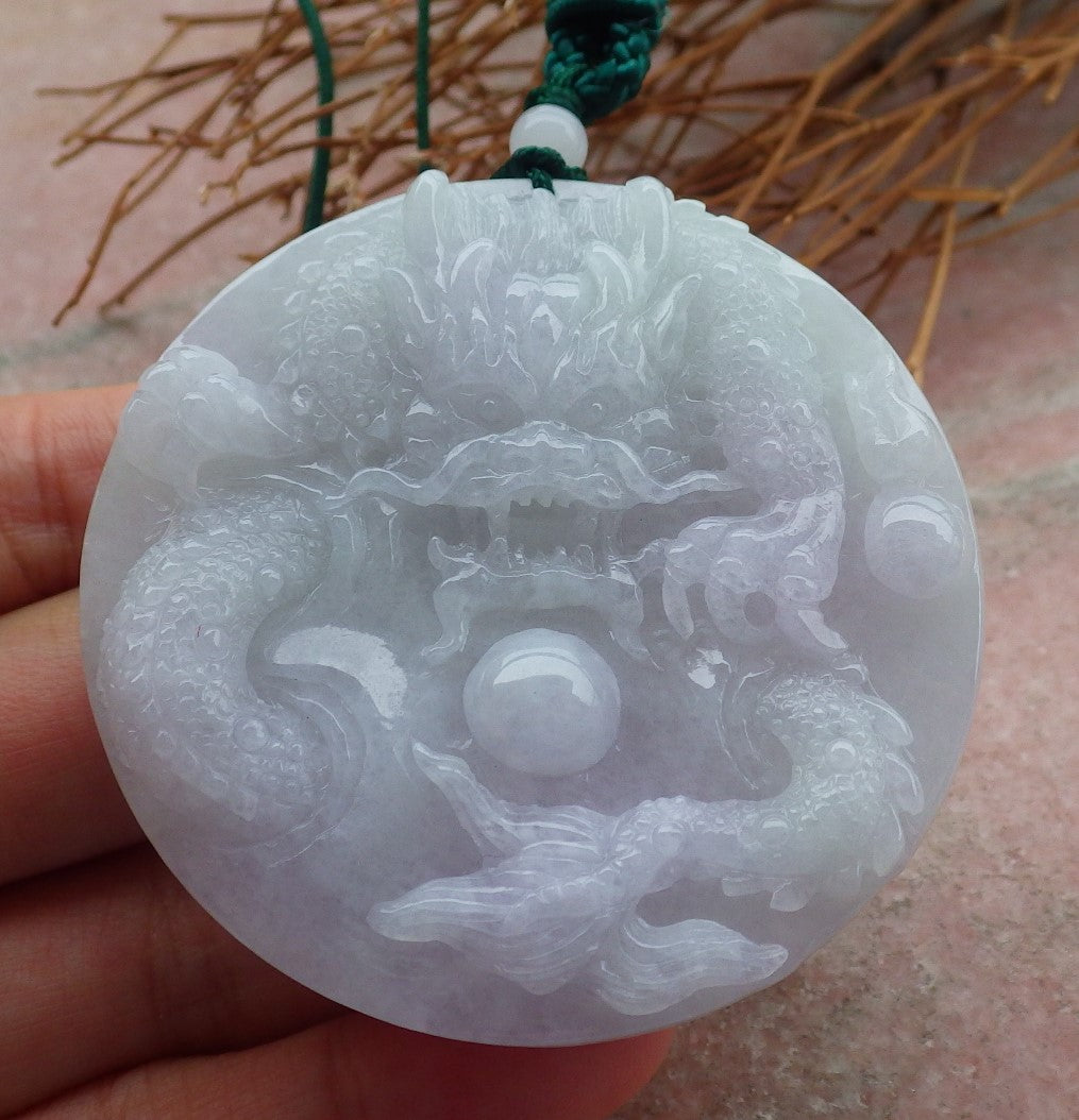 Certified Hand Carved Two Side Green Lavender Natural Myanmar Burma A Jade jadeite Circle Dragon Phoenix Pendant Necklace