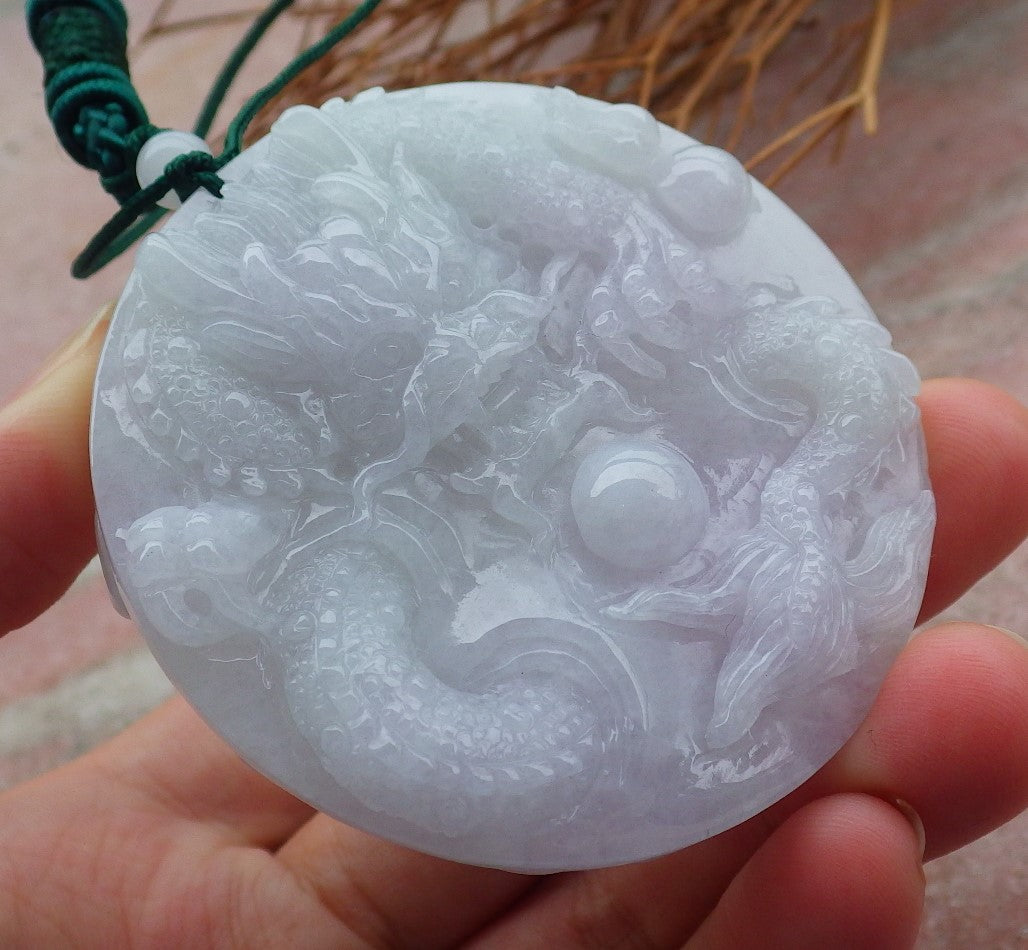 Certified Hand Carved Two Side Green Lavender Natural Myanmar Burma A Jade jadeite Circle Dragon Phoenix Pendant Necklace