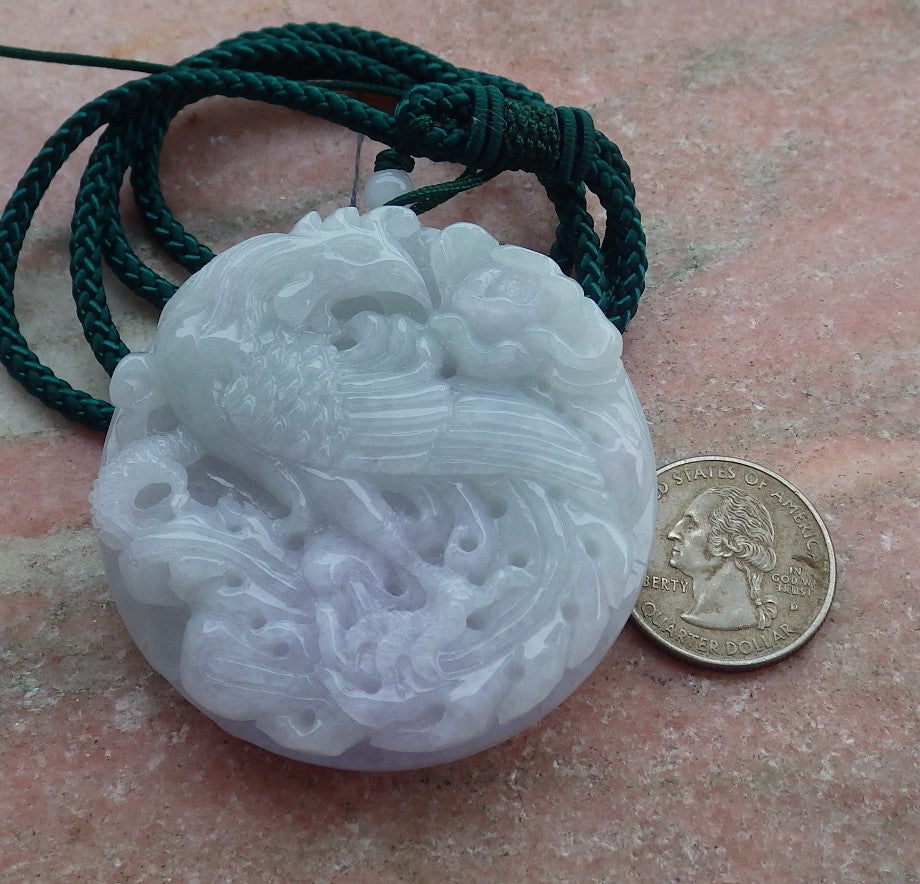 Certified Hand Carved Two Side Green Lavender Natural Myanmar Burma A Jade jadeite Circle Dragon Phoenix Pendant Necklace