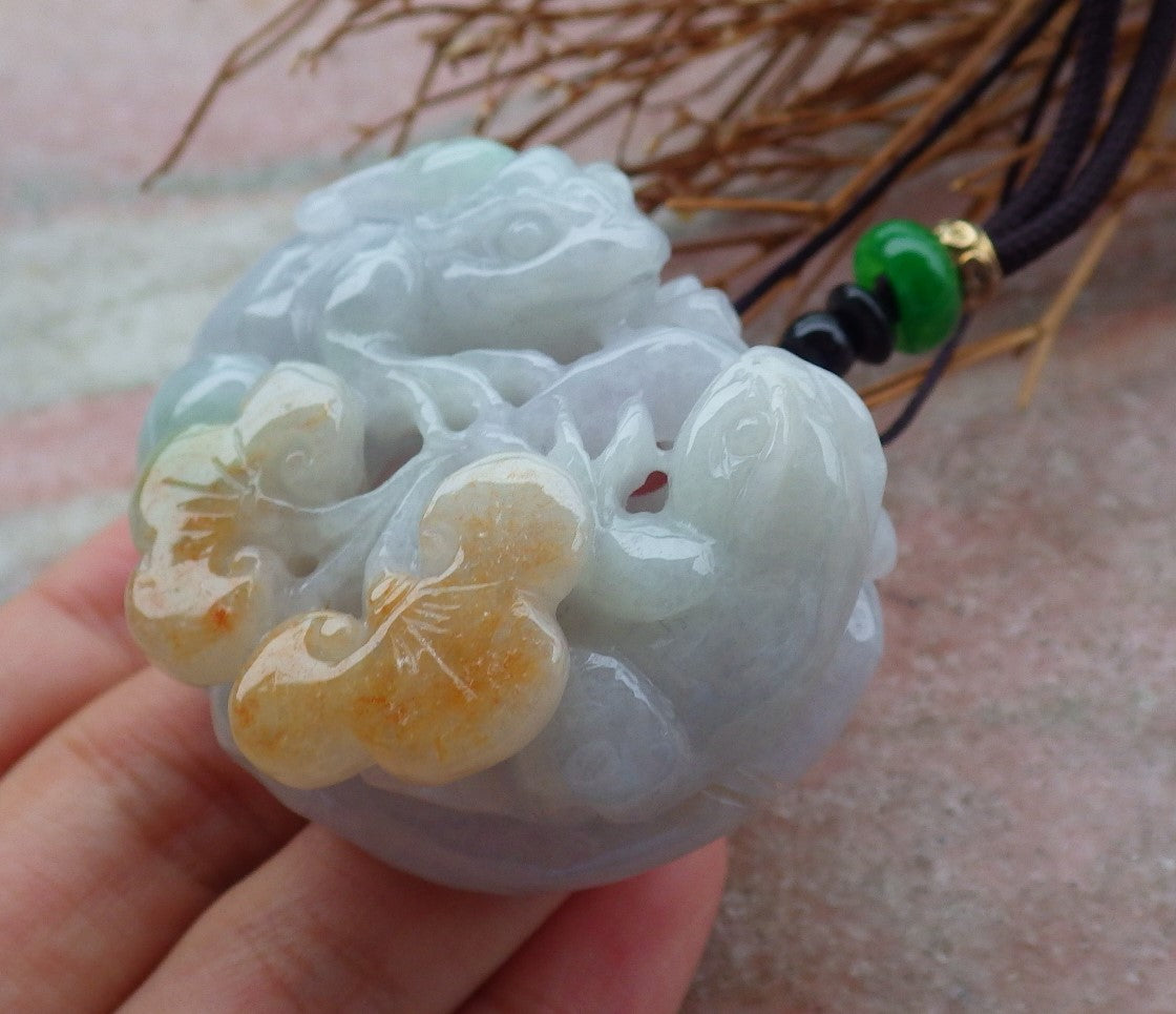 Certified Hand Carved Natural Green Myanmar Burma A Jade jadeite Frog Toad Lotus Flower Pendant Necklace