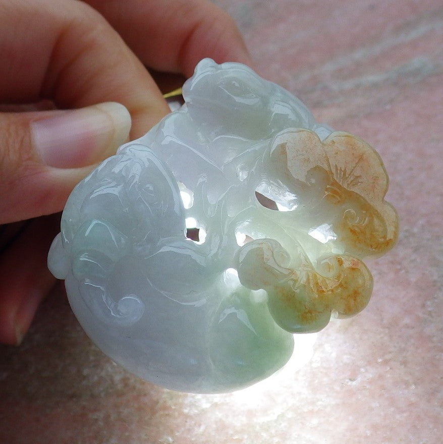 Certified Hand Carved Natural Green Myanmar Burma A Jade jadeite Frog Toad Lotus Flower Pendant Necklace