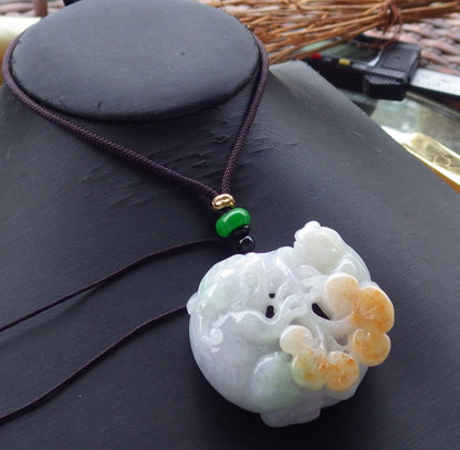 Certified Hand Carved Natural Green Myanmar Burma A Jade jadeite Frog Toad Lotus Flower Pendant Necklace