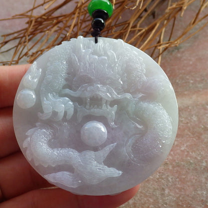 Certified Hand Carved Two Side Green Lavender Natural Myanmar Burma A Jade jadeite Circle Dragon Phoenix Pendant Necklace