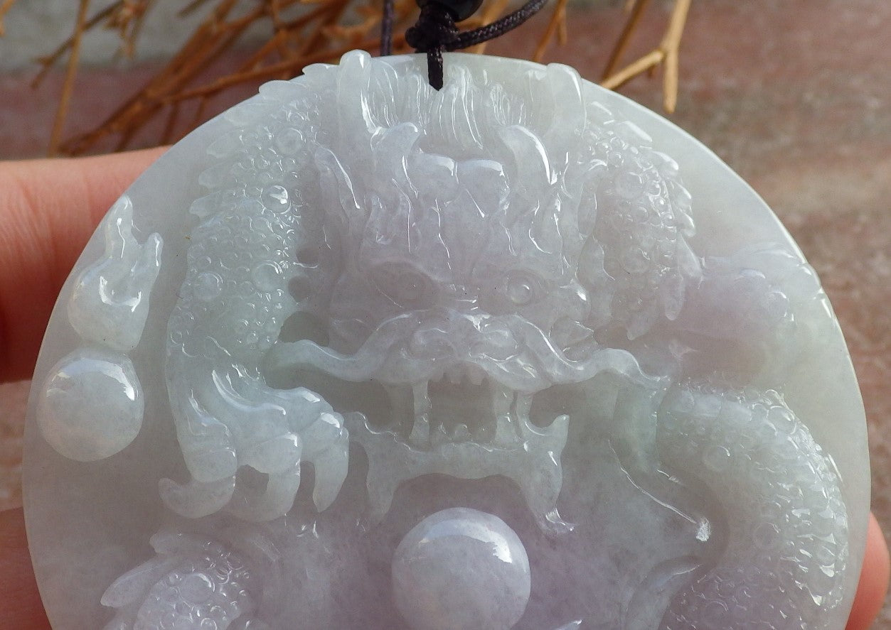 Certified Hand Carved Two Side Green Lavender Natural Myanmar Burma A Jade jadeite Circle Dragon Phoenix Pendant Necklace