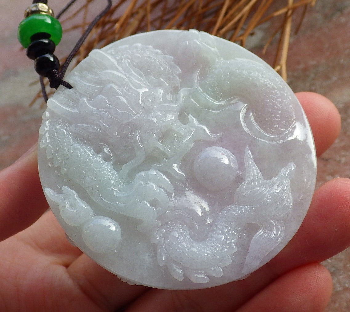 Certified Hand Carved Two Side Green Lavender Natural Myanmar Burma A Jade jadeite Circle Dragon Phoenix Pendant Necklace