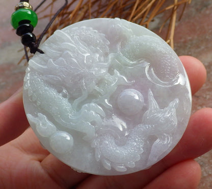 Certified Hand Carved Two Side Green Lavender Natural Myanmar Burma A Jade jadeite Circle Dragon Phoenix Pendant Necklace