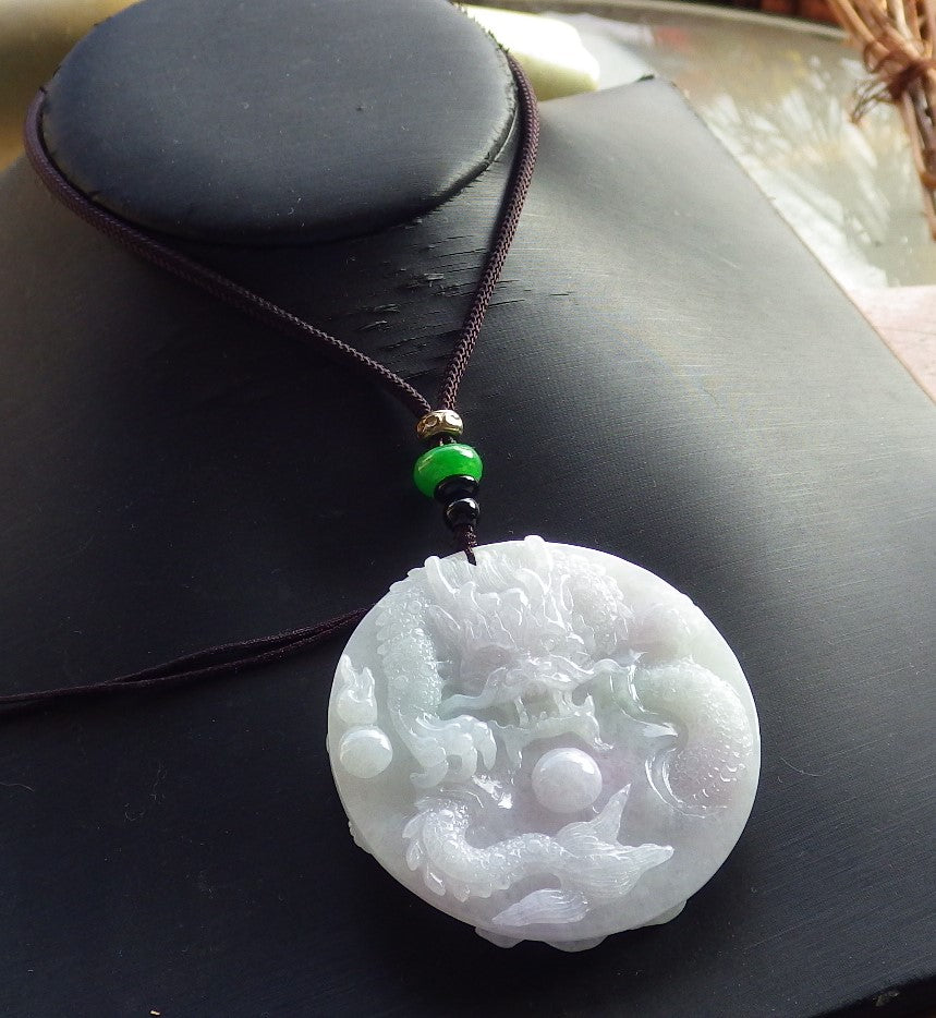 Certified Hand Carved Two Side Green Lavender Natural Myanmar Burma A Jade jadeite Circle Dragon Phoenix Pendant Necklace