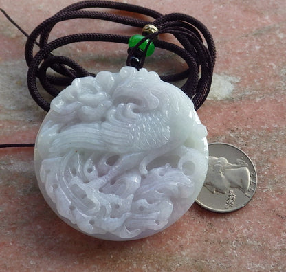 Certified Hand Carved Two Side Green Lavender Natural Myanmar Burma A Jade jadeite Circle Dragon Phoenix Pendant Necklace