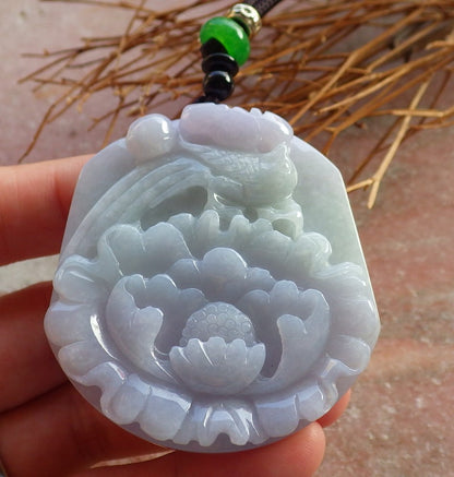 Certified Hand Carved Green Natural Myanmar Burma A Jade Jadeite Pendant Phoenix Flower Pendant Necklace