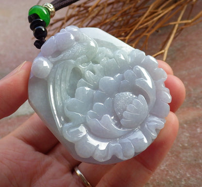 Certified Hand Carved Green Natural Myanmar Burma A Jade Jadeite Pendant Phoenix Flower Pendant Necklace