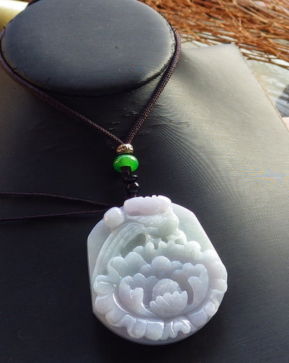 Certified Hand Carved Green Natural Myanmar Burma A Jade Jadeite Pendant Phoenix Flower Pendant Necklace