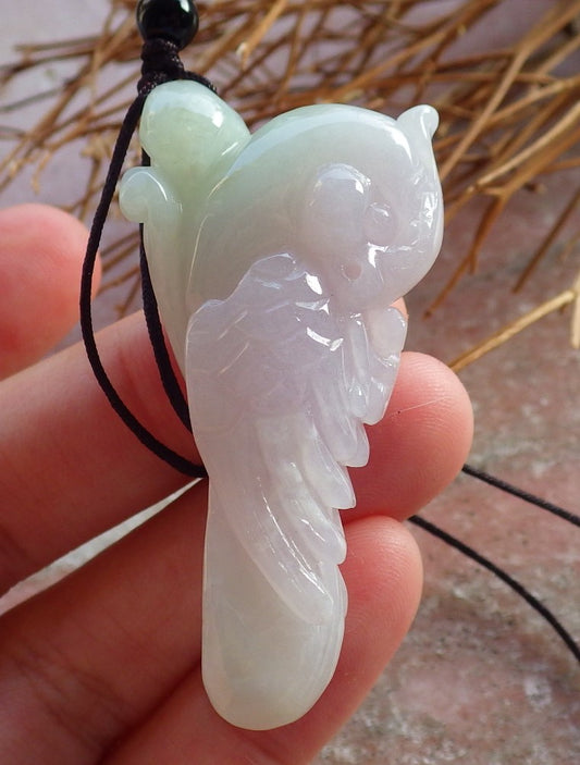 Certified Hand Carved Green Natural Myanmar Burma Grade A Jade jadeite Phoenix Bird Parrot Ruyi Lucky Amulet Pendant Necklace